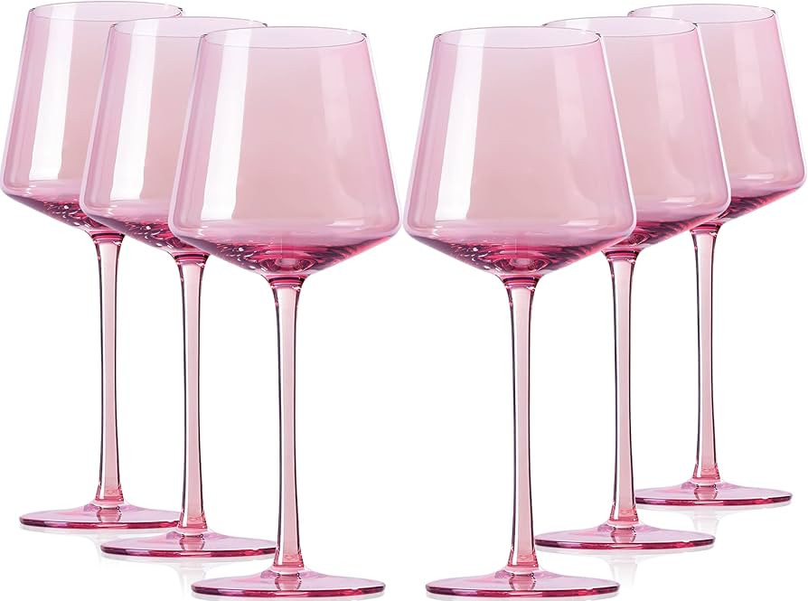 Pink Wine Glasses Set Of 6 - Crystal Colorful Wine Glasses With Long Stem and Thin Rim,Modern Col... | Amazon (US)