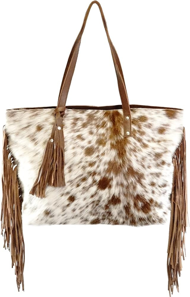 bonanza leathers women's cowhide leather large shoulder tote bag with fringes and zipper closure ... | Amazon (US)
