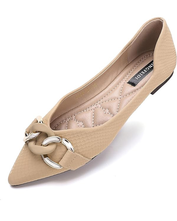 Cute Chain Women's Pointed Flat Shoes Comfortable Leather Flat Shoes Ballet | Amazon (US)