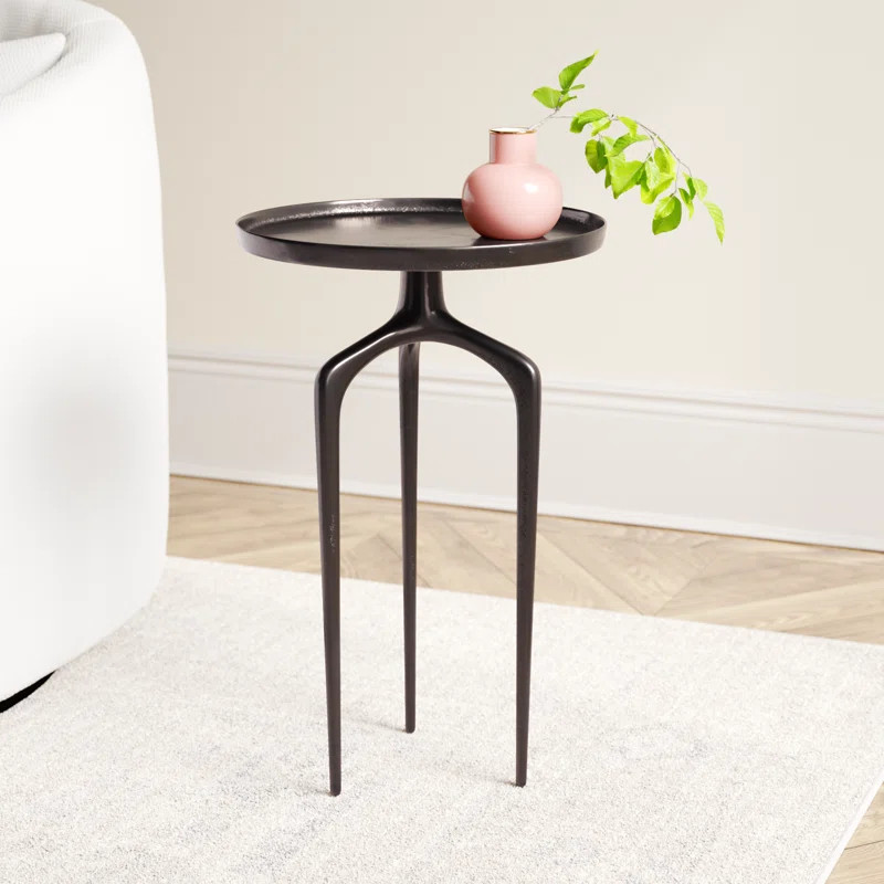Jody Aluminum Black Metal Tray Inspired Top Side End Accent Table with 3 Tripod Legs | Wayfair North America