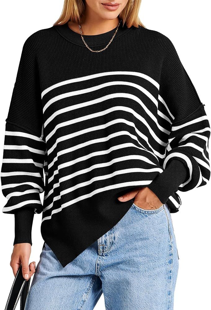 Prinbara Women's Long Sleeve Oversized Crew Neck Solid Color Side Slit Knit Pullover Sweater Tops | Amazon (US)