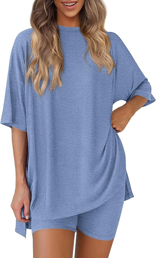PRETTYGARDEN Women 2 Piece Lounge Set 2026 Summer Casual Oversized Shirts Biker Shorts Matching A... | Amazon (US)