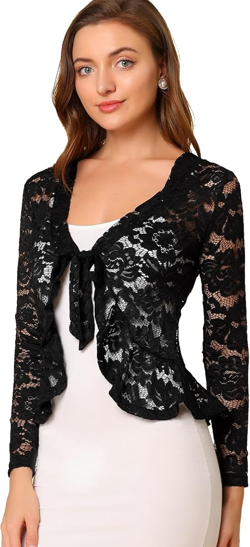 Allegra K Women's Tie Front Crop Cardigan Ruffled Hem Floral Lace Sheer Shrug Top | Amazon (CA)