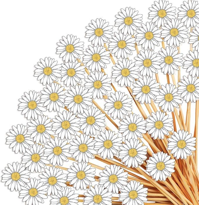 Seewey Set of 200 Daisy Cocktail Picks 5.1inch Long Bamboo White Daisy Flower Toothpicks for Appe... | Amazon (US)