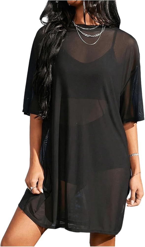 Verdusa Women's Sheer Mesh Dress Loose See Through Half Sleeve Beach Cover Up | Amazon (US)