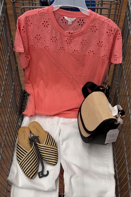 Walmart spring outfit idea, love this eyelet detail tee, fits tts. Linking similar jeans as these are largely sold out. #walmartfashion 

#LTKstyletip #LTKunder50 #LTKunder100