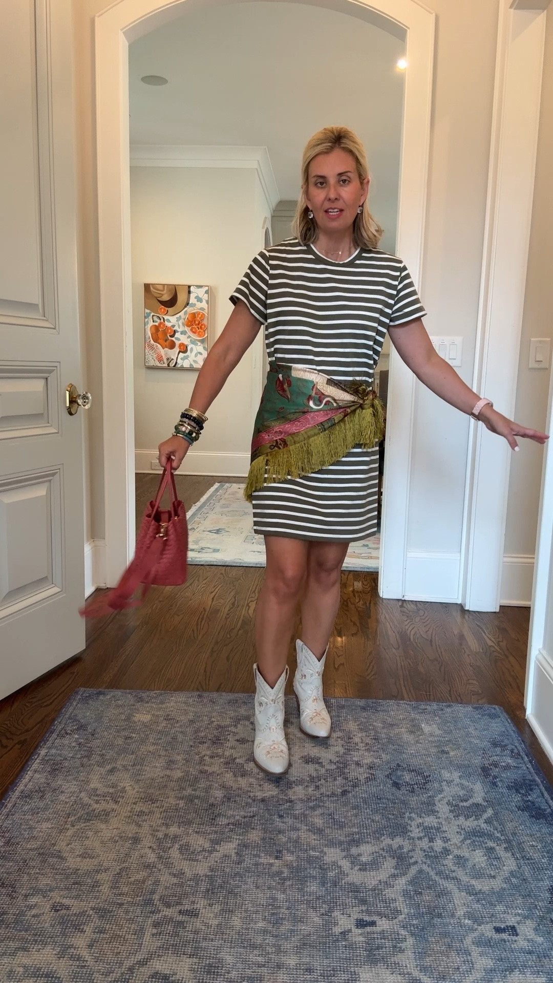 Loving the scarf tend! My favorite Tnuck Parker tee is now available in a dress…YES!! 
Dress - small
Boots - 8 tts 

*Code Catherine20 at Allie + Bess

#LTKmomlife #LTKSeasonal #LTKOver40
