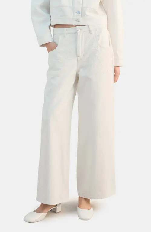 MANGO Embroidered High Waist Wide Leg Jeans in Off White at Nordstrom, Size 4 | Nordstrom