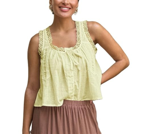 Women Summer Boho Lace Tank Top Vest Tie Front Vacation Beach Cami Tops Sleeveless Button down Cardigan Crop Top (Yellow #A, M) | Amazon (US)