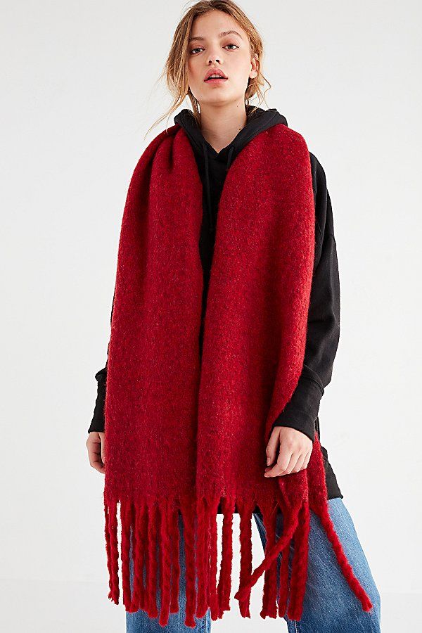 Nubby Contrast Fringe Woven Scarf - Red One Size at Urban Outfitters | Urban Outfitters US