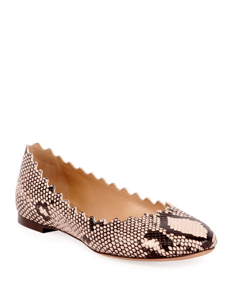 Chloe Lauren Scalloped Snake-Print Ballet Flats | Neiman Marcus