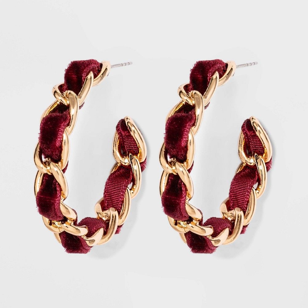 Velvet Ribbon Woven Hoop Earrings - A New Day Burgundy, Red | Target