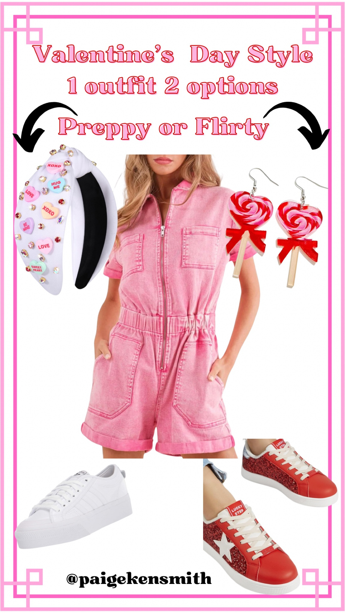 Which style do you prefer? The simple and preppy look or the fun a flirty style?😍 

Pink, romper, Valentine’s Day, red, headbands, candy, sneakers, valentine, jewelry, earrings, white, tennis shoes, preppy, flirty, fun, 

#LTKsalealert #LTKshoecrush #LTKstyletip