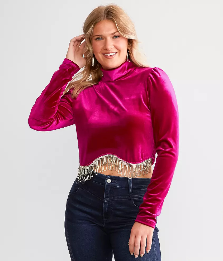 Blue B Velvet Rhinestone Fringe Top | Buckle