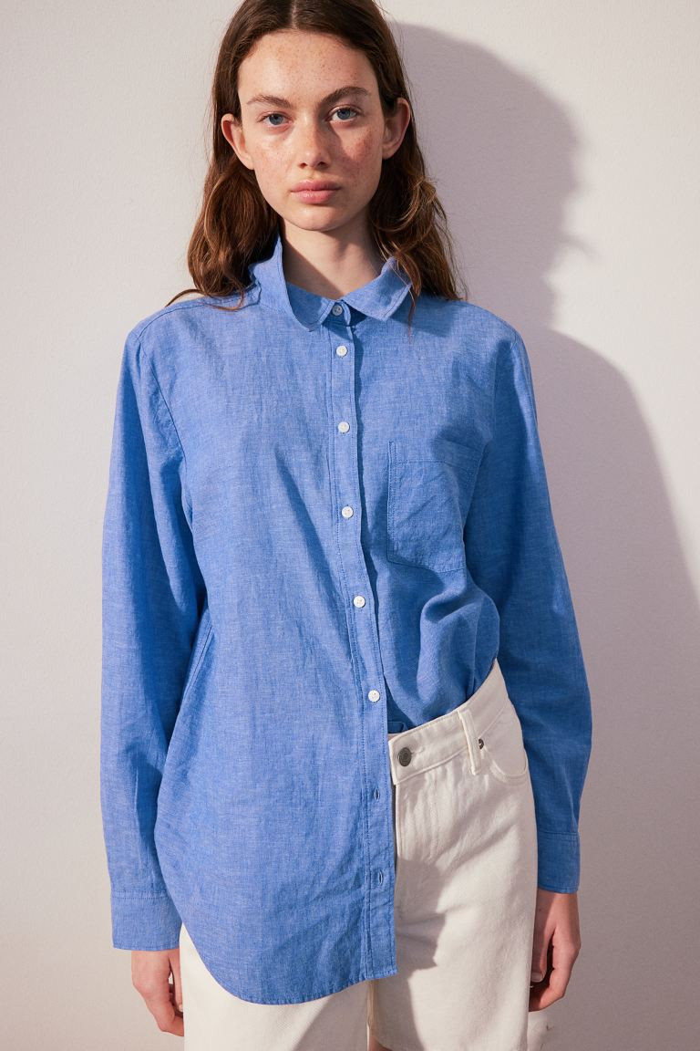 Linen-blend Shirt - Long sleeve - Regular length - Blue - Ladies | H&M US | H&M (US + CA)