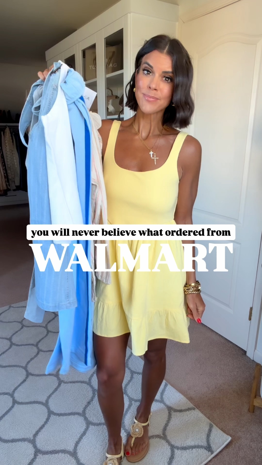 New Walmart finds! 
Size small in yellow dress, blue sweatpants,  and bib overa dress. Size xs in white tank, linen blouse a layered sweater. Jeans fit true to size. I’m 5’5 for reference. 

#LTKgrwm #LTKmomlife #LTKootd