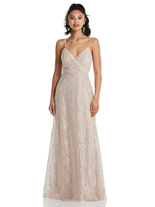 Draped Wrap Bodice Metallic Lace Maxi Dress | The Dessy Group
