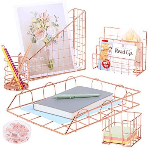 TNELTUEB Rose Gold Desk Organizer Set with Letter Tray, folder Holder, Pen Holder, Magazine File ... | Amazon (US)
