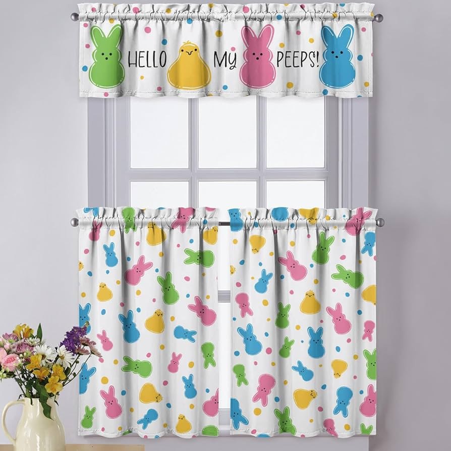Easter Kitchen Curtains Valances 3 Piece Set,Spring Bunny Chick Hello My Peeps Rod Pocket Short K... | Amazon (US)