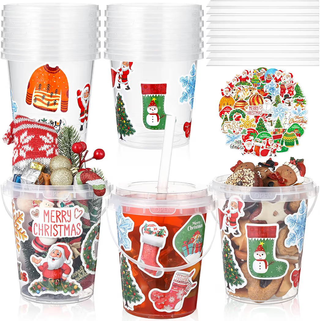 12 Sets 34 oz Christmas Plastic Drink Buckets with Lid and Straws with Christmas Stickers Clear D... | Amazon (US)