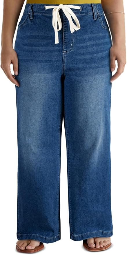 Eytino Women's Plus Size Wide Leg Jeans Elastic Waist Drawstring Stretchy Denim Pants with Pocket... | Amazon (US)