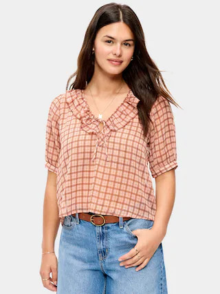 Ruffle Collar Tie-Front Chiffon Top | Old Navy (US)