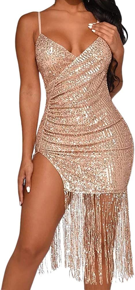 CLAUBTY Women Tassel Deep V Neck Slip Dress Backless Off Shoulder Sequin Sexy Dresses Spaghetti S... | Amazon (US)