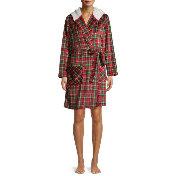 Matching Family Christmas Pajamas Women's Hooded Tartan Robe with Faux Sherpa Lining - Walmart.co... | Walmart (US)