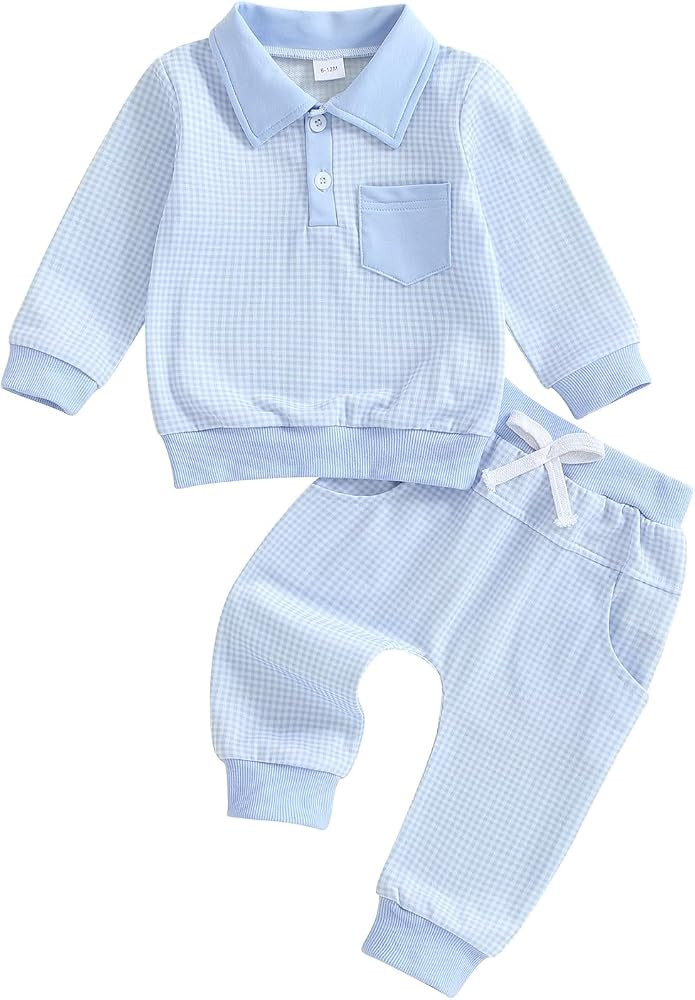 FOCUSNORM Toddler Baby Boy Clothes Plaid Long Sleeve Sweatshirt Pullover Tops + Joggers Pants Inf... | Amazon (US)
