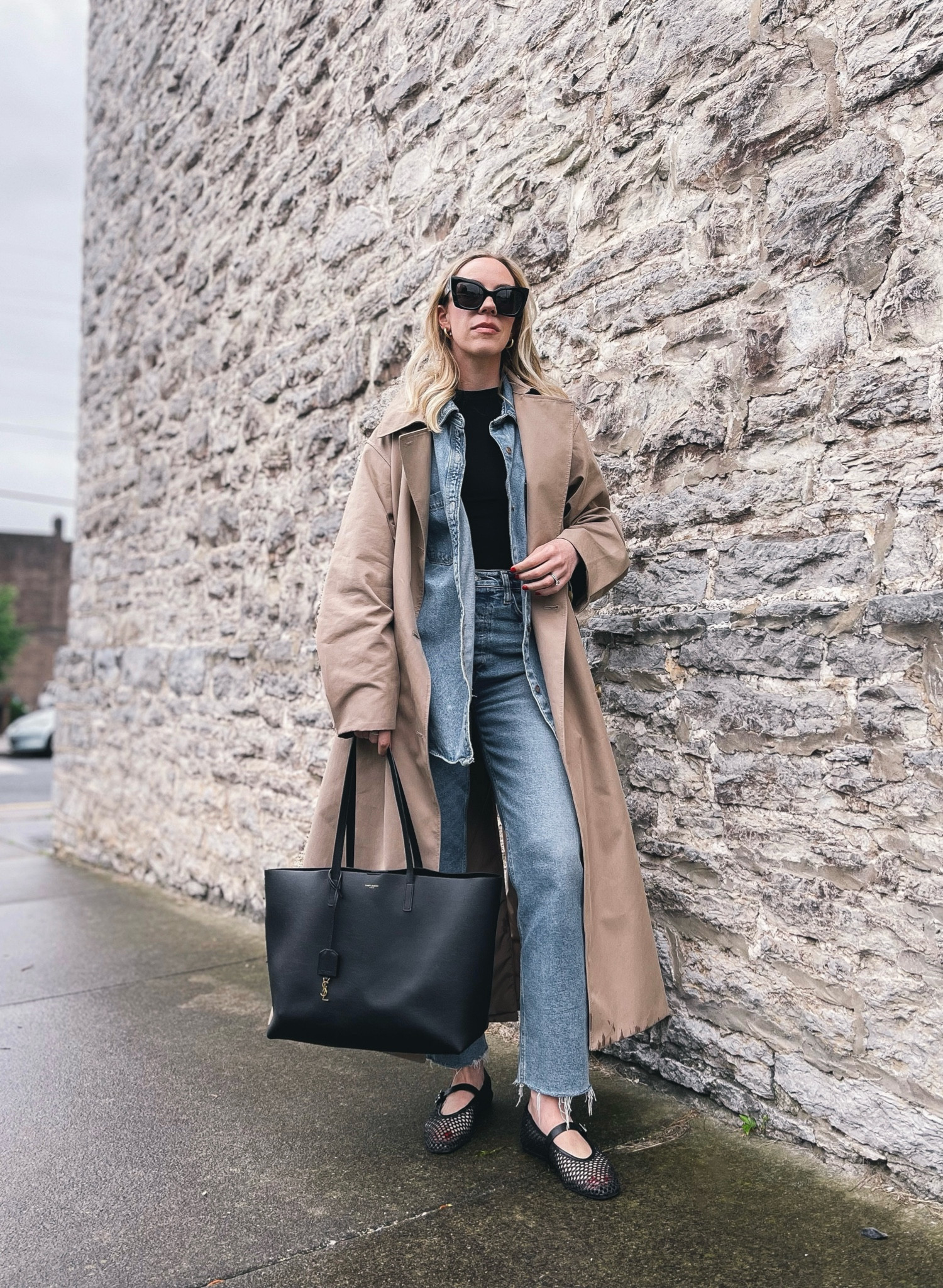 Trench coat spring outfit, denim on denim, all denim outfit, braided Mary Jane flats, Saint Laurent tote, business casual outfit 

#LTKFindsUnder100 #LTKShoeCrush #LTKOver40
