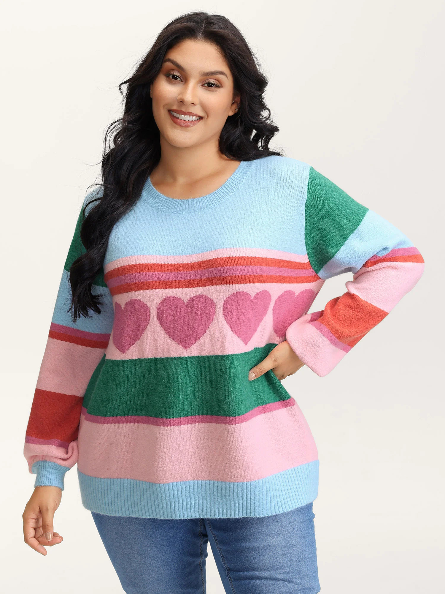 Heart Striped Print Jacquard Colorful Pullover | Bloomchic