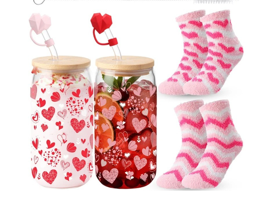 Sliner 2 Set Valentines Day Gifts 16 oz Galentines Heart Glass Cups with Coral Fleece Socks, Valentines Cups with Lid Straw and Heart Straw Topper 

#LTKValentine #LTKKids #LTKSeasonal