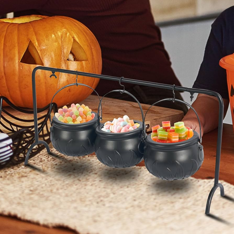 Hourleey Halloween Decorations, Set of 3 Witches Cauldron Serving Bowls on Rack, Black Plastic Ho... | Amazon (US)