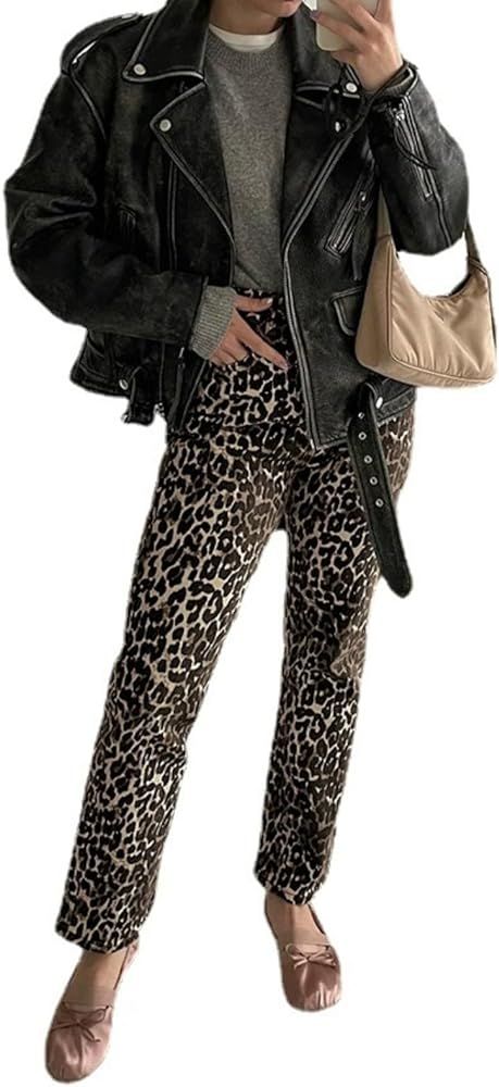 Y2K Leopard Print Pants Casual Loose Beggy Vintage Denim Pants Leopard Print Jeans Jeans for Wome... | Amazon (US)