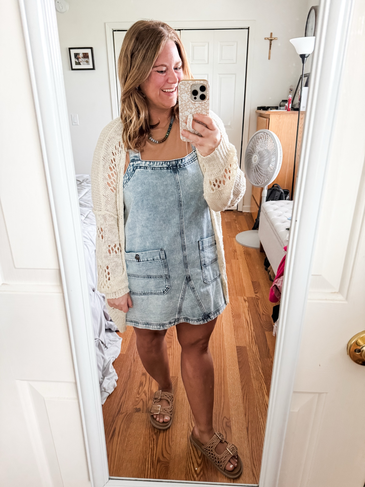Wearing an XL in my overall dress and a large in my cardigan.   My tee and sandals are older so linked similar

#LTKootd #LTKSeasonal #LTKMidsize