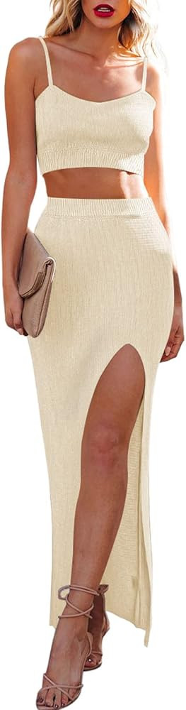 Cutiefox Women's Knit 2 Piece Dress Cami Crop Top High Side Slit Bodycon Long Skirt Set | Amazon (US)