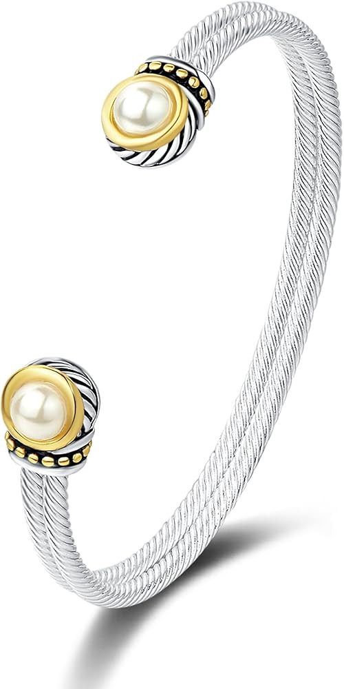 UNY JEWEL Two Tone Double Twisted Cable Classic Imitation Pearl Gold Dots Caviar Open Cuff Bangle... | Amazon (US)