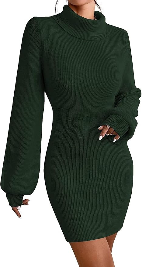 Turtleneck Sweater Dress for Women Lantern Sleeve Bodycon Pullover Mini Sweater Dress Stretchable... | Amazon (US)