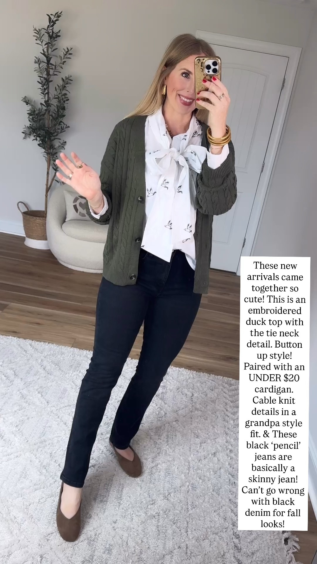 Embroidered duck tie neck top with cable knit cardigan and black jeans from Walmart

#LTKootd