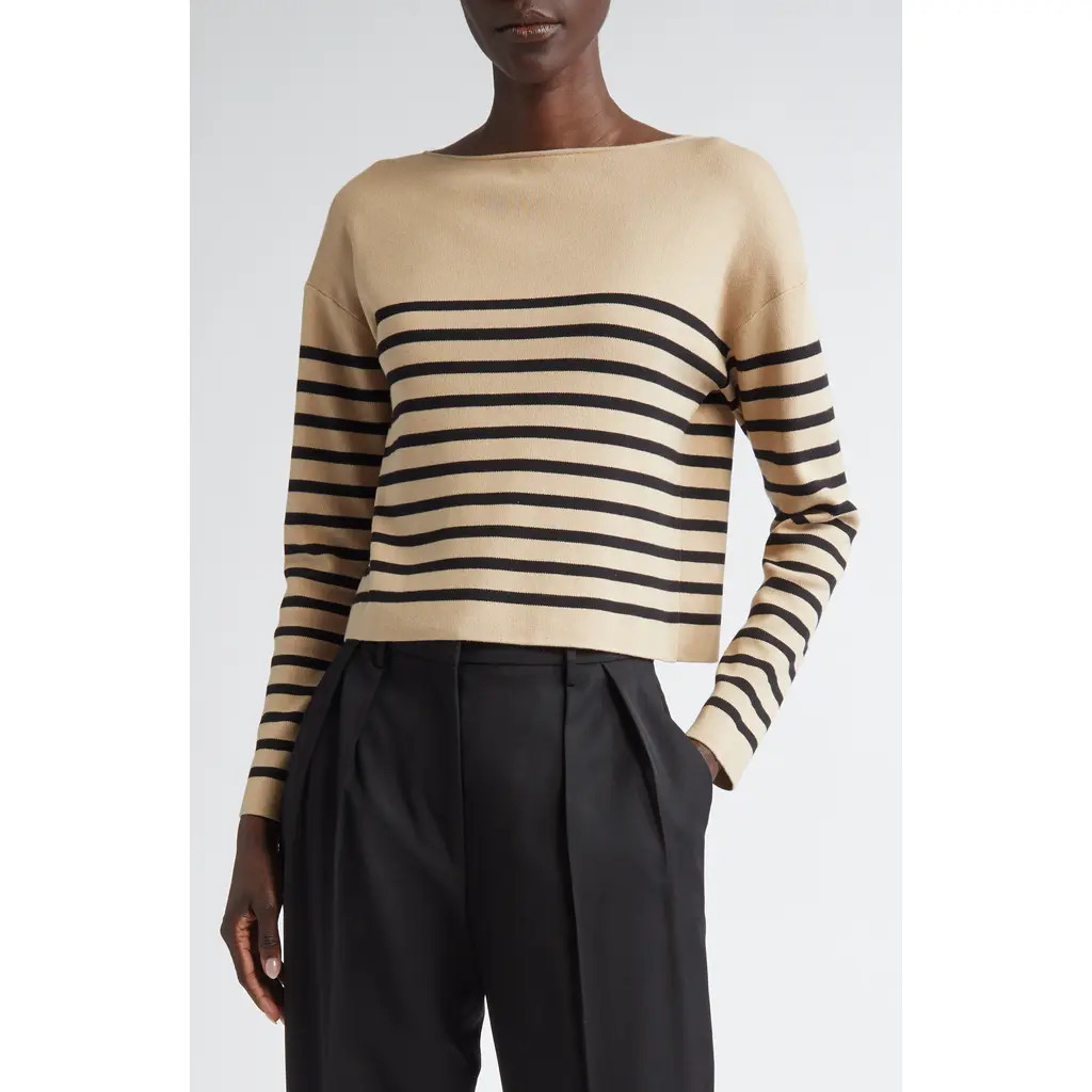 Altuzarra Ronnie Stripe Boatneck Silk & Cotton Sweater in Hazelwood/Black at Nordstrom, Size Medium | Nordstrom