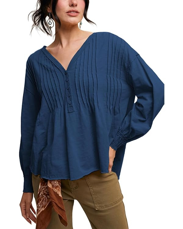 Yeokou Womens Pleated Shirt Cotton V Neck Long Sleeve Button Blouse Loose Fit A Line Henley Summe... | Amazon (US)