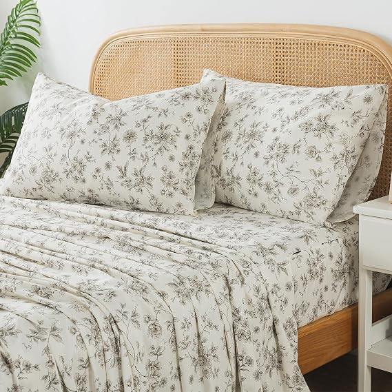 Zusbest King Size Shees 100% Cotton Tan Floral Beige Patterned Bed Sheet Set Vintage Peony Flower... | Amazon (US)