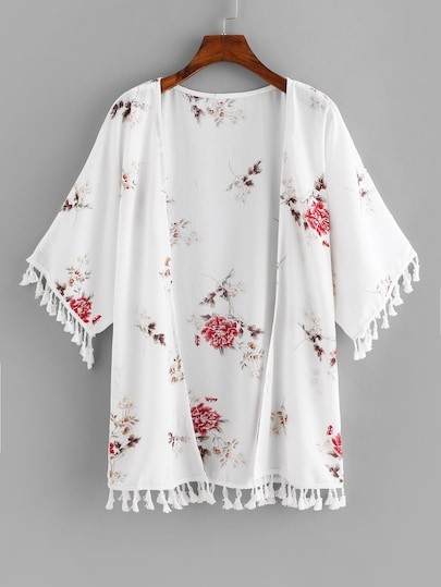 Fringe Trim Floral Kimono | SHEIN