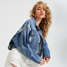 Ripped Washed Denim Jacket | SHEIN