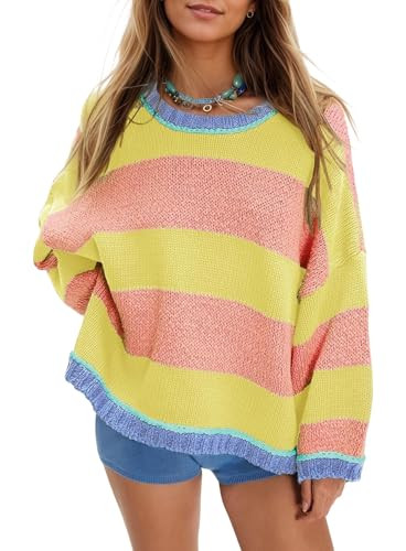 Women's Chunky Knit Striped Sweaters Casual Long Sleeve Crew Neck Oversized Pullover Sweater Wint... | Amazon (US)