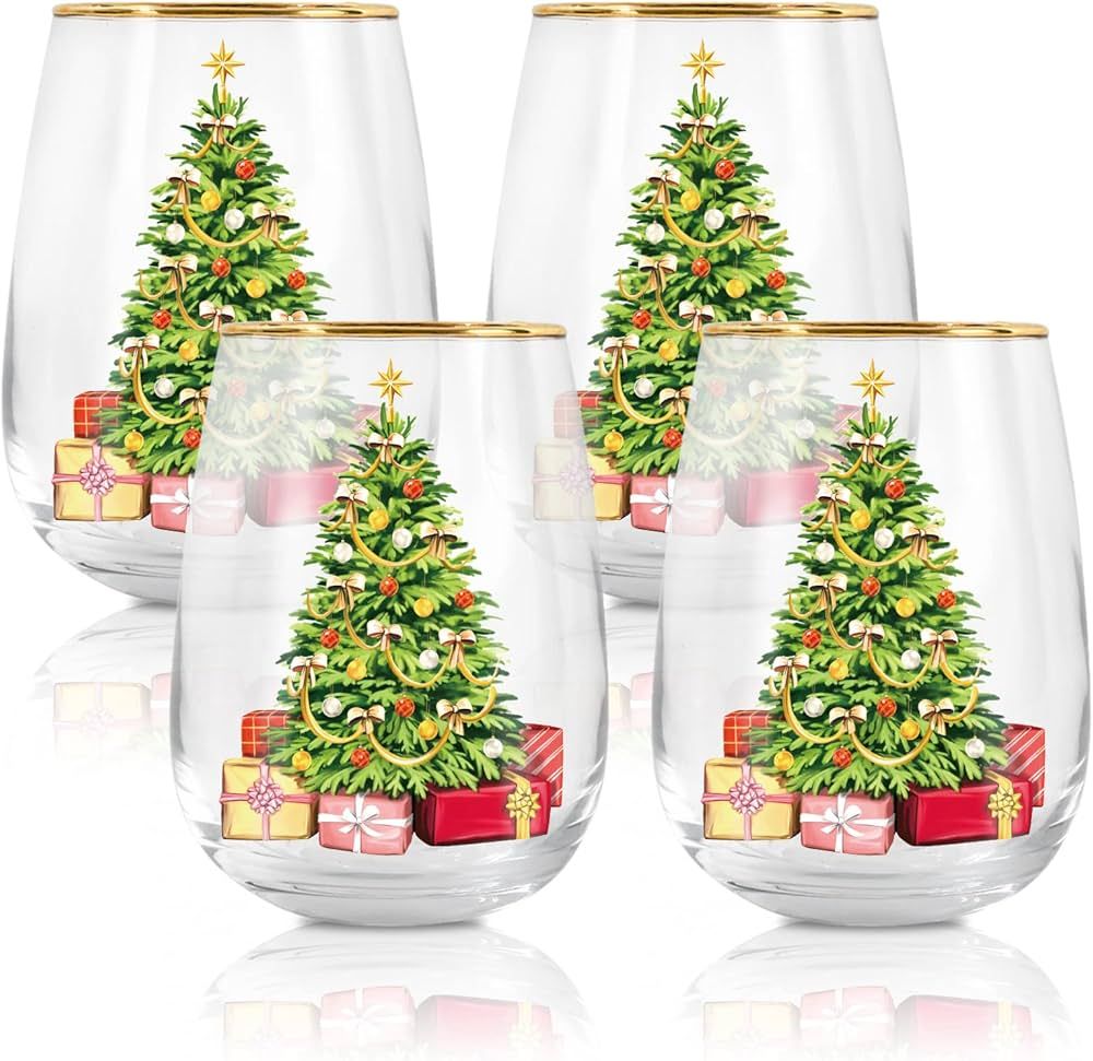 Whaline Christmas Tree Stemless Wine Glasses Christmas Tree Drinking Glasses Set of 4, 17oz Color... | Amazon (US)