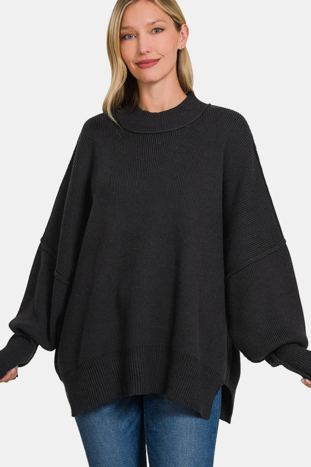 Zenana Side Sit Oversize Sweater Black / S/M | Casual Chic Boutique