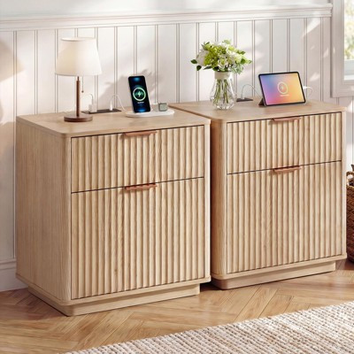 Set of 2 Fluted Nightstand with Charging Station, 23" Mid Century 2-Drawer Bedside Table, Modern Curved End Table for Bedroom and Living Room | Target