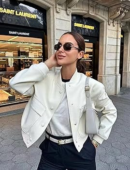InterNos Womens Cropped Bomber Jacket Lightweight Classic Button Varsity Jacket Streetwear | Amazon (US)