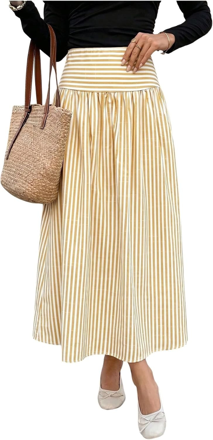 Milumia Women's Striped Maxi High Waisted Ruffle Hem Flowy A Line Skirts | Amazon (US)